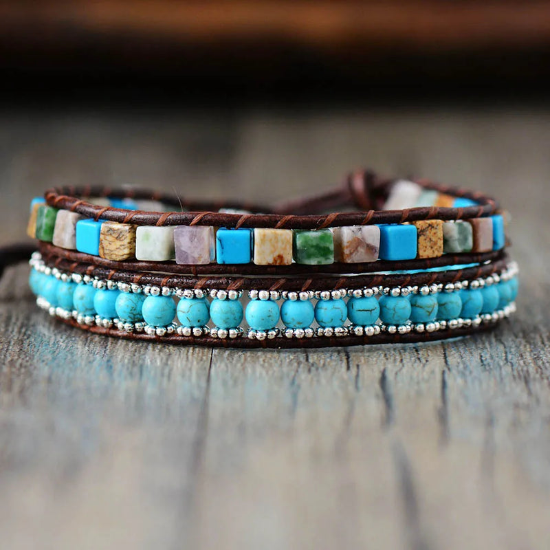 Vintage Leather Bracelets Mix Natural Stones 2 Strands Wrap Bracelets
