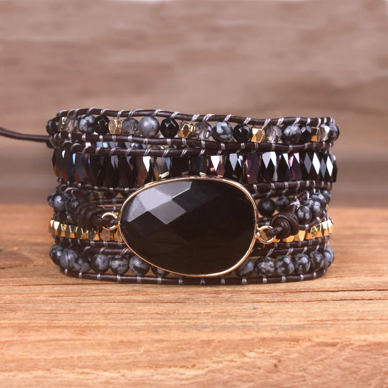 Vintage Leather Bracelets Natural Stone 5 Strands Wrap Bracelets