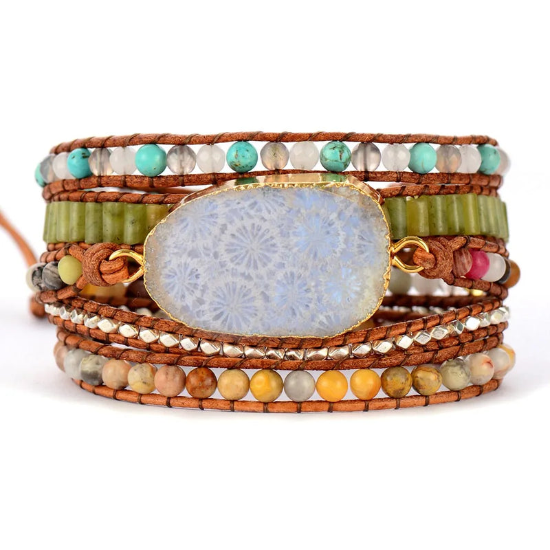 Vintage Leather Bracelets Chrysanthemum Stones Charm 5 Strands Wrap Bracelets