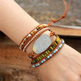 Vintage Leather Bracelets Chrysanthemum Stones Charm 5 Strands Wrap Bracelets