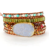 Vintage Leather Bracelets Chrysanthemum Stones Charm 5 Strands Wrap Bracelets