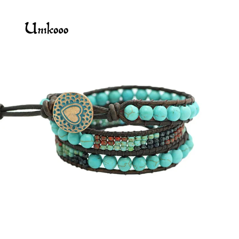 Vintage Leather Bracelet 3 Strands Wrap Boho Bead Bracelet