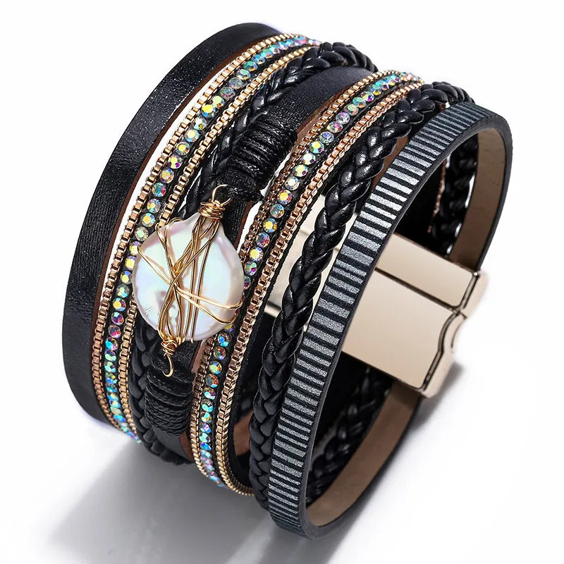 Vintage Leather Bracelet Multi-Layered Retro Stainless Steel Leopard Print Gift