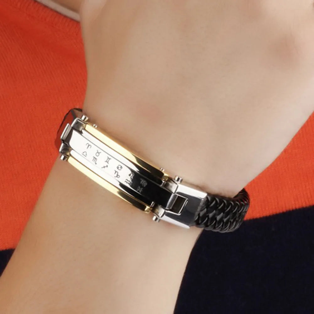Vintage Leather Wrap Bracelet Knitted Bangle Black/Gold