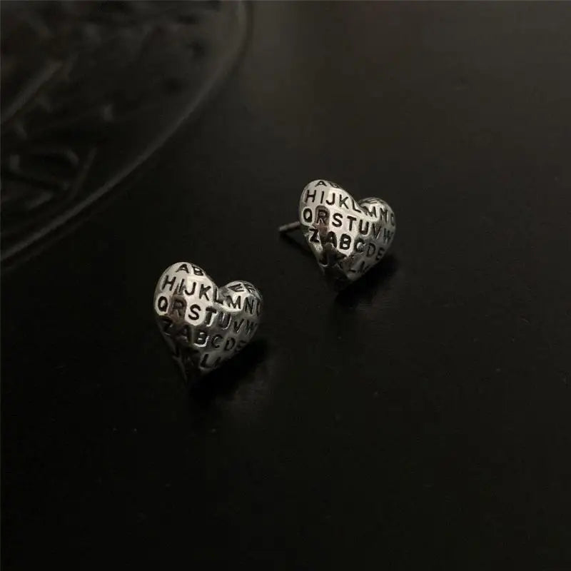 Vintage Heart Stud Earrings 925 Sterling Silver Fine Jewelry