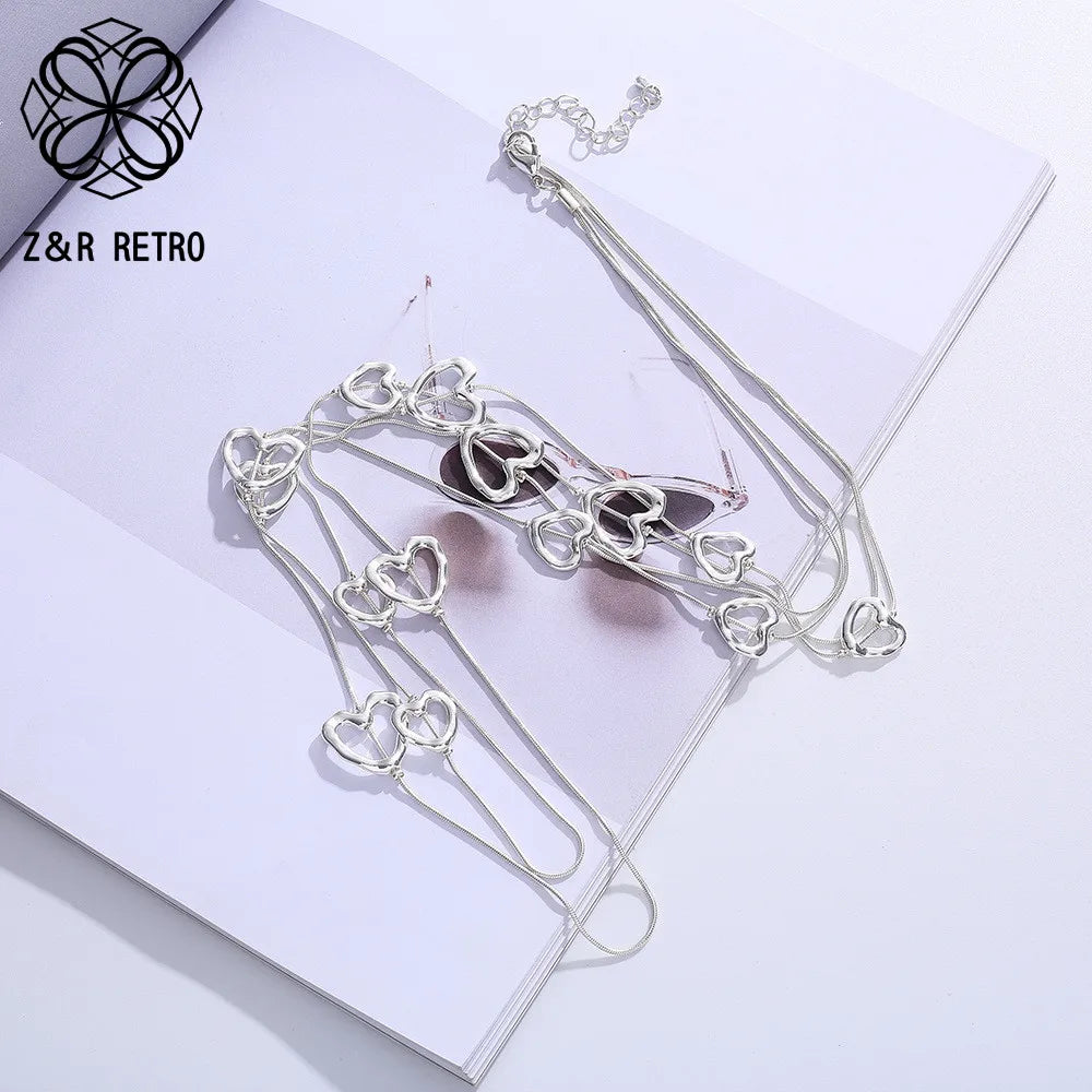 Vintage Long Collar Silver Hearts Necklace Suspension Goth Pendants
