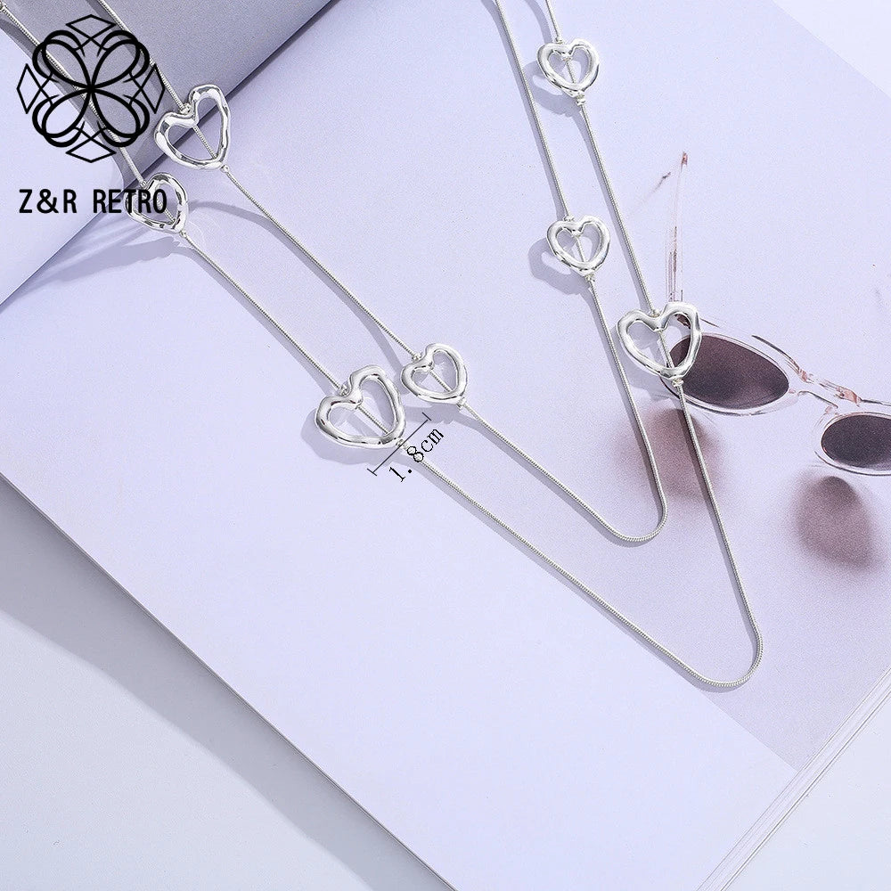 Vintage Long Collar Silver Hearts Necklace Suspension Goth Pendants
