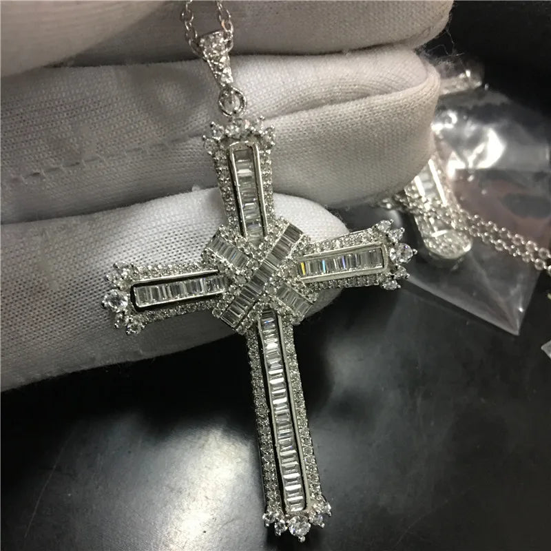 Vintage Cross Pendant Necklace 925 Sterling Silver AAAAA Zircon CZ