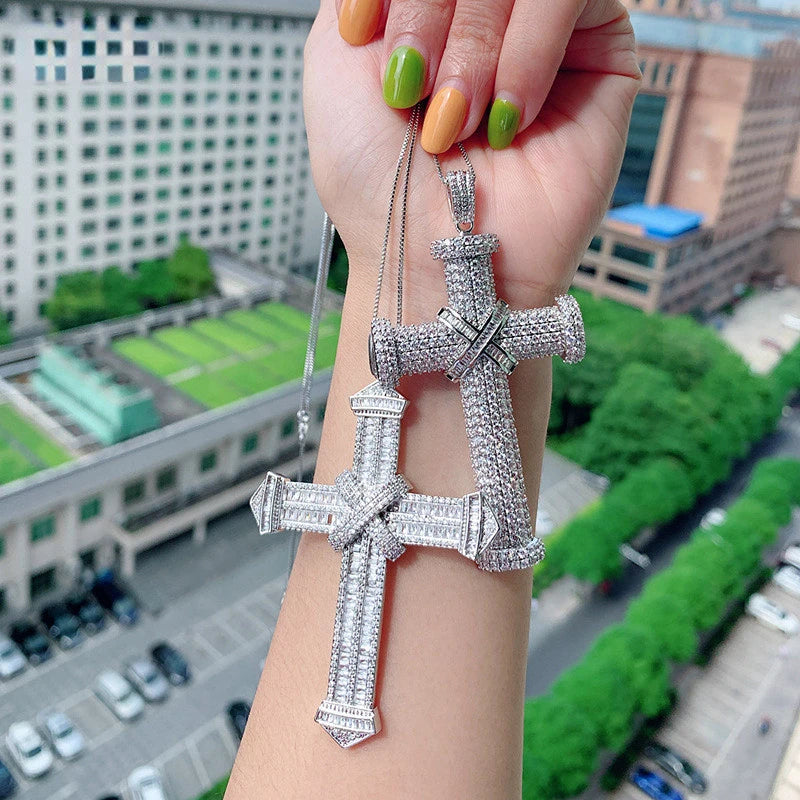 Vintage Lab Diamond Cross Pendant 925 Silver Necklace For Women