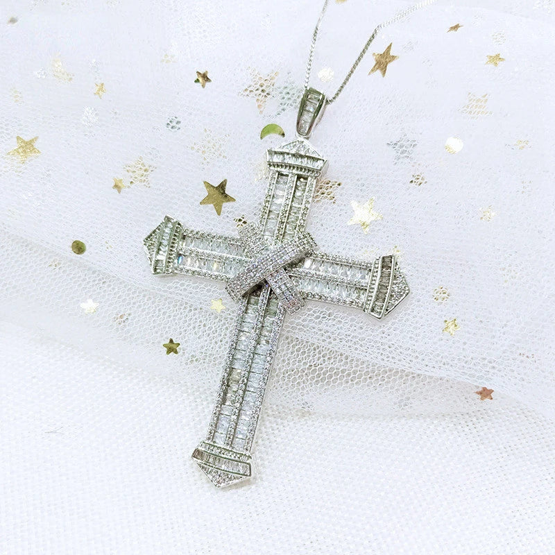 Vintage Lab Diamond Cross Pendant 925 Silver Necklace For Women