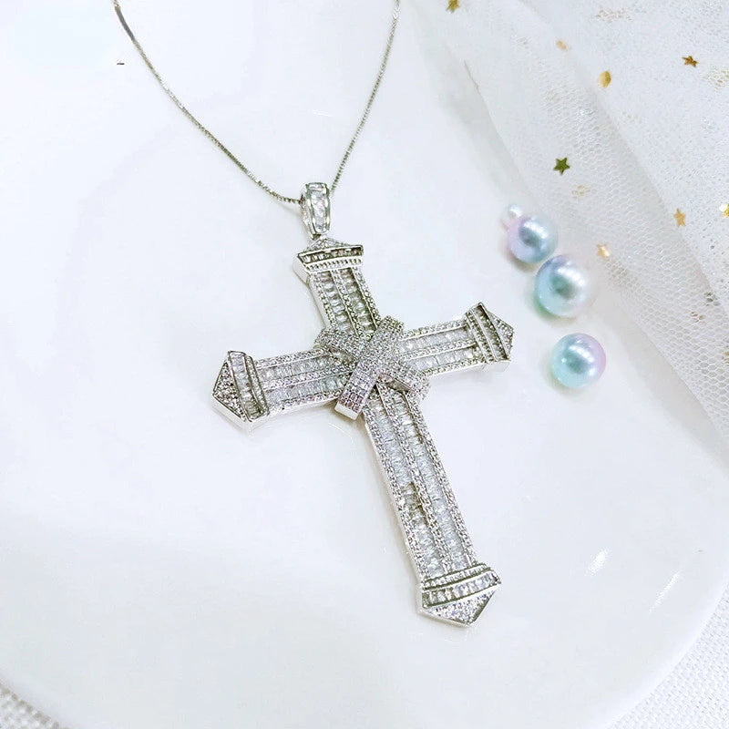 Vintage Lab Diamond Cross Pendant 925 Silver Necklace For Women
