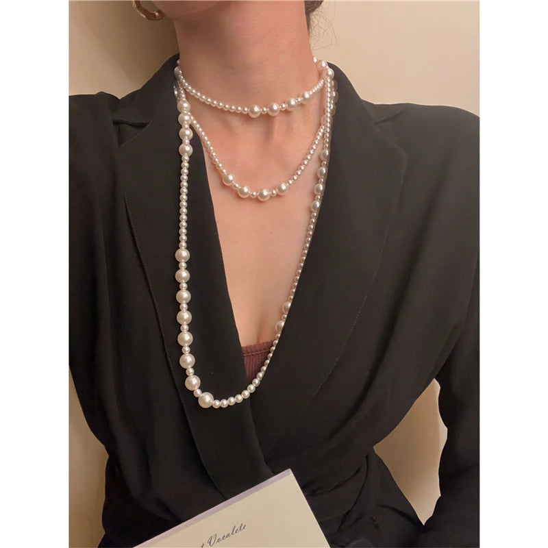 Long Pearl Necklace for Women Fake Pearls Dress Necklaces Sweater Chain