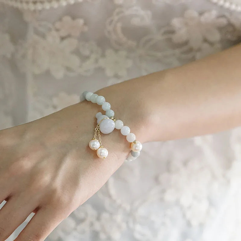 Vintage Jade Gourd Pendant & Pearl Beaded Bracelet for Women