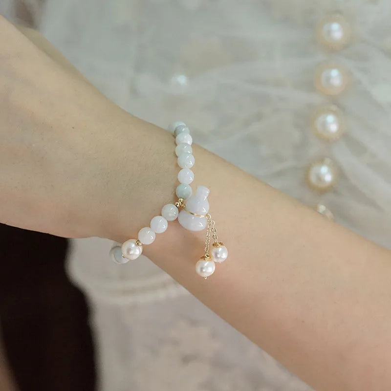 Vintage Jade Gourd Pendant & Pearl Beaded Bracelet for Women