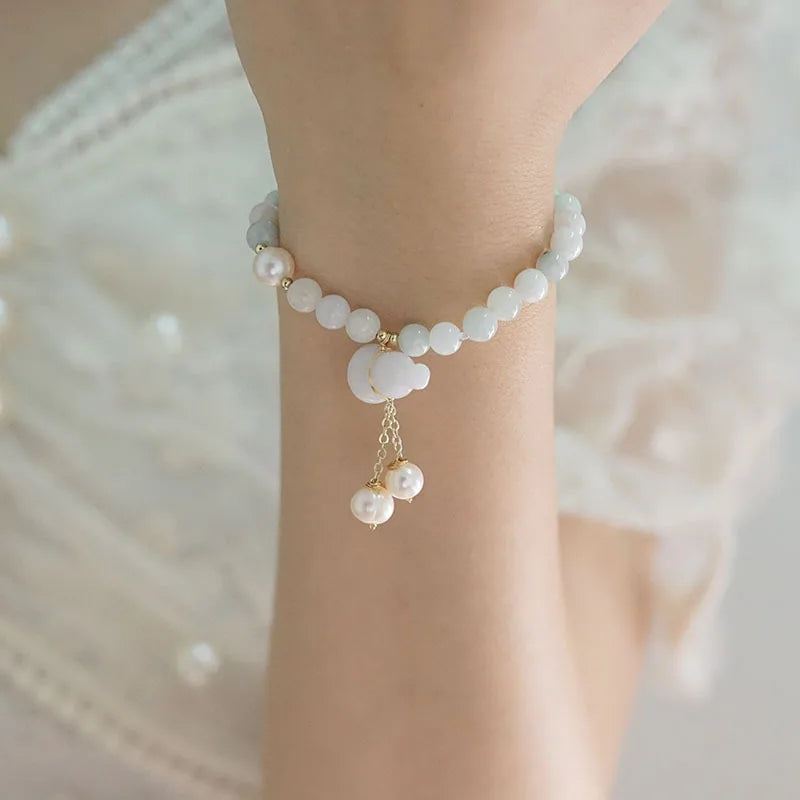 Vintage Jade Gourd Pendant & Pearl Beaded Bracelet for Women