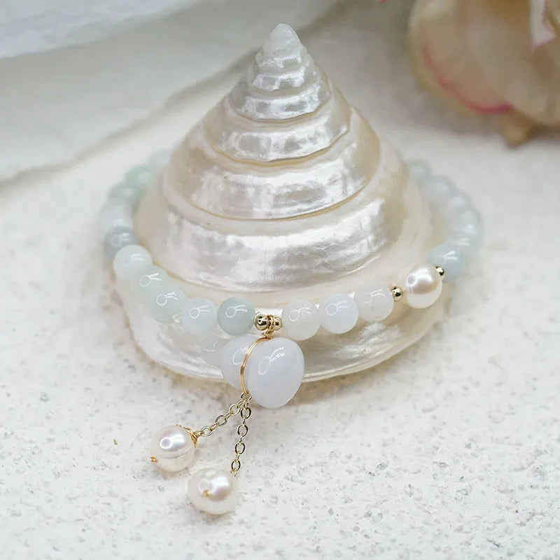 Vintage Jade Gourd Pendant & Pearl Beaded Bracelet for Women
