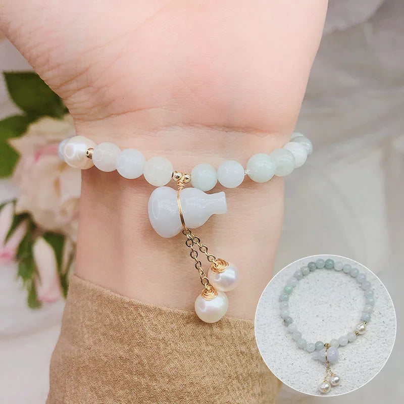 Vintage Jade Gourd Pendant & Pearl Beaded Bracelet for Women