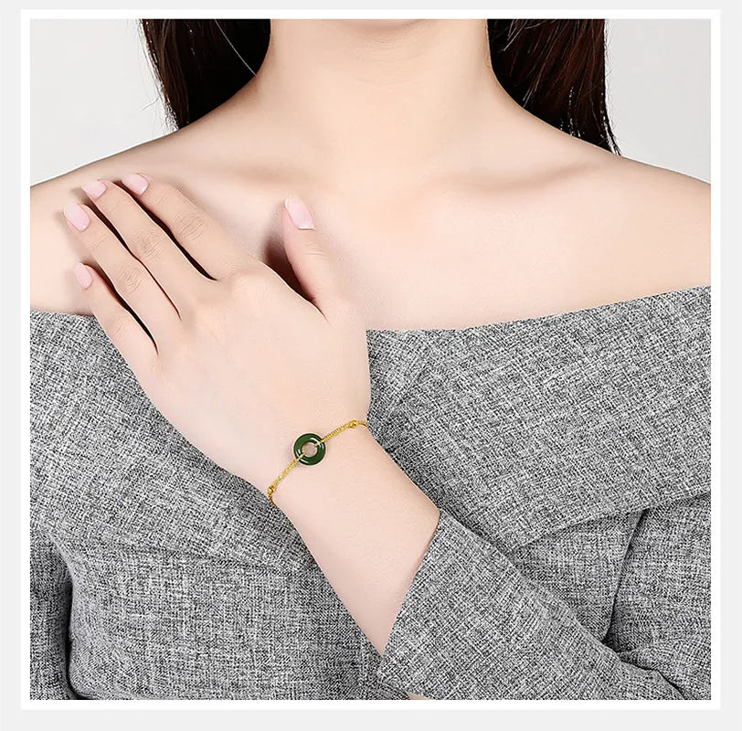 Vintage Green Jade Emerald Thin Chain Bracelet 18k Filled Jewelry