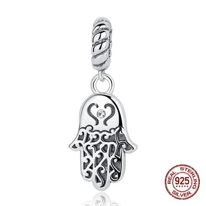 Vintage Hamsa Hand Pendant 925 Sterling Silver Necklace Charm Bead Jewelry