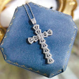 Vintage Crystal Zircon Cross Pendant Silver Choker Necklace