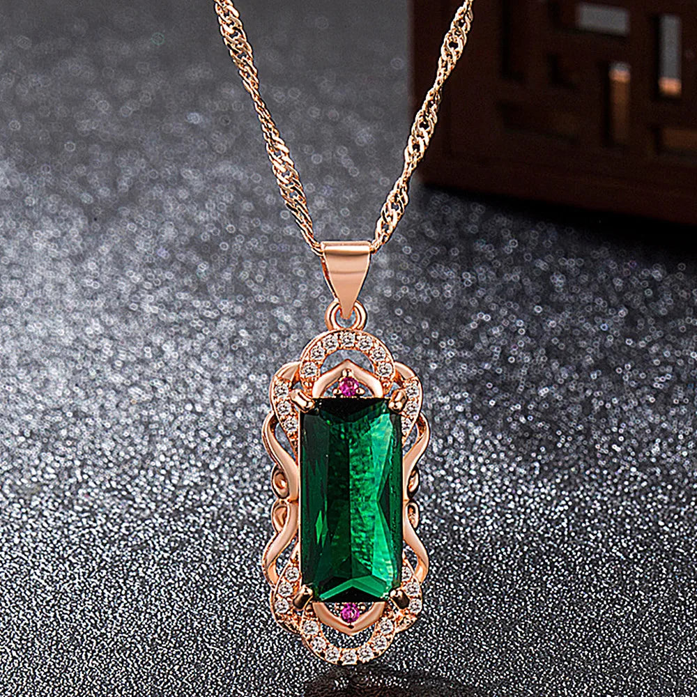 Green Crystal Agate Emerald Diamond Pendant Necklace Women