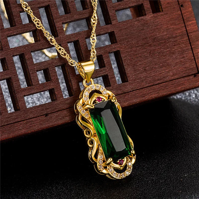 Green Crystal Agate Emerald Diamond Pendant Necklace Women