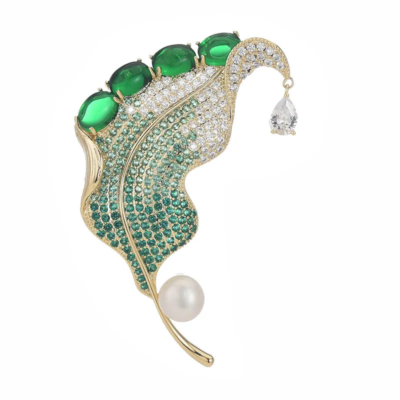 Vintage Green CZ Leaf Brooch Women Coat Lapel Pin Wedding Jewelry