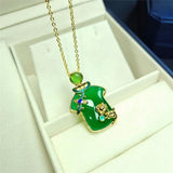 Vintage Green Jade Women Necklace 925 Sterling Silver Chalcedony Pendant