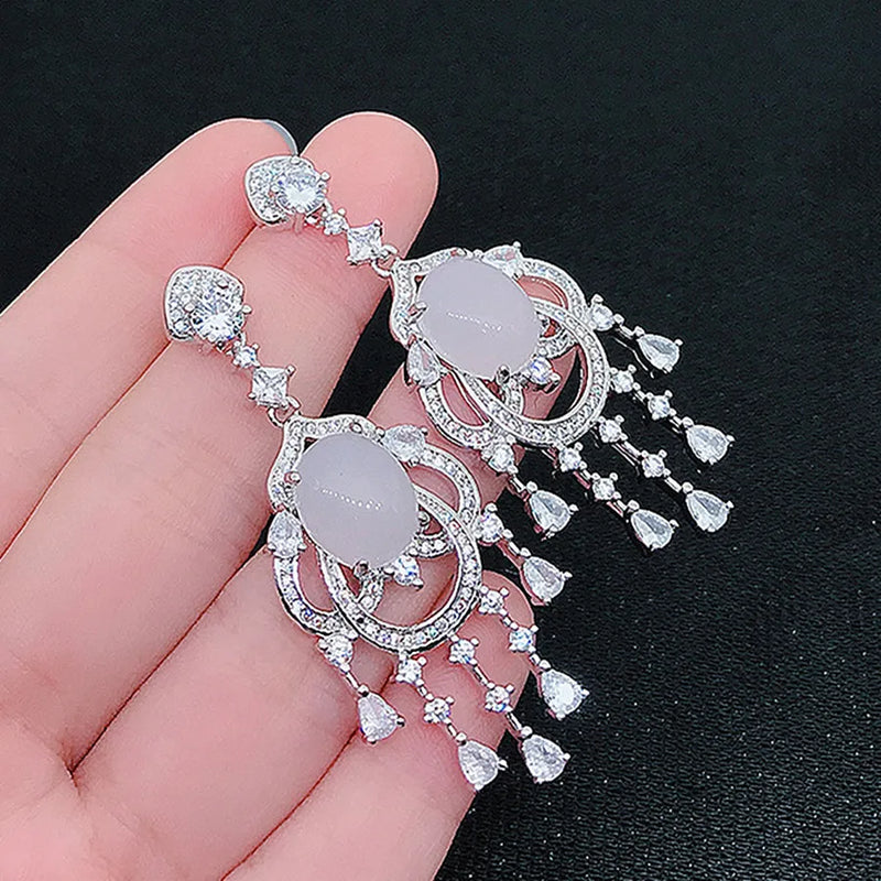 Green Jade Emerald Gemstones Diamond Tassel Drop Earrings Silver Jewelry