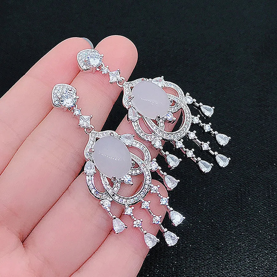 Green Jade Emerald Gemstones Diamond Tassel Drop Earrings Silver Jewelry