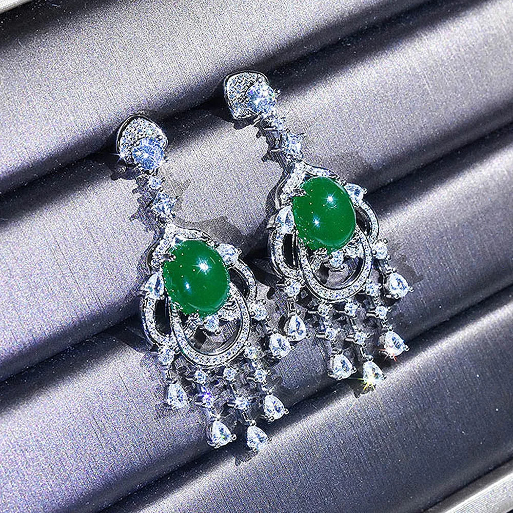 Green Jade Emerald Gemstones Diamond Tassel Drop Earrings Silver Jewelry
