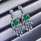 Green Jade Emerald Gemstones Diamond Tassel Drop Earrings Silver Jewelry