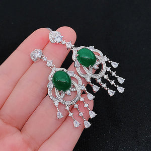 Green Jade Emerald Gemstones Diamond Tassel Drop Earrings Silver Jewelry