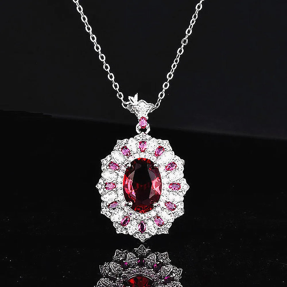 Vintage Red Crystal Ruby Gemstone Pendant Necklace Silver Choker Bijoux