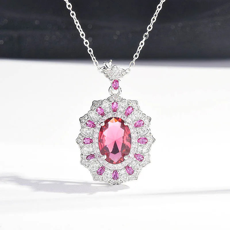 Vintage Red Crystal Ruby Gemstone Pendant Necklace Silver Choker Bijoux