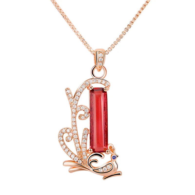 Vintage Peacock Red Crystal Ruby Gemstones Diamond Pendant Necklaces for Women