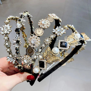 Vintage Flower Headwrap Hairband Pearl Crystal for Women Girls