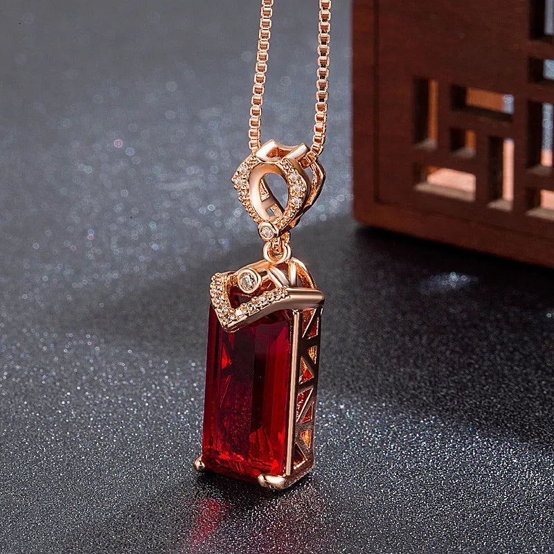 Vintage Red Crystal Ruby Gemstones Diamond Pendant Necklaces for Women