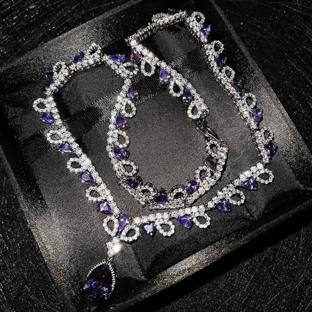 Vintage Silver Amethyst Long Necklace Pendant Chain Choker