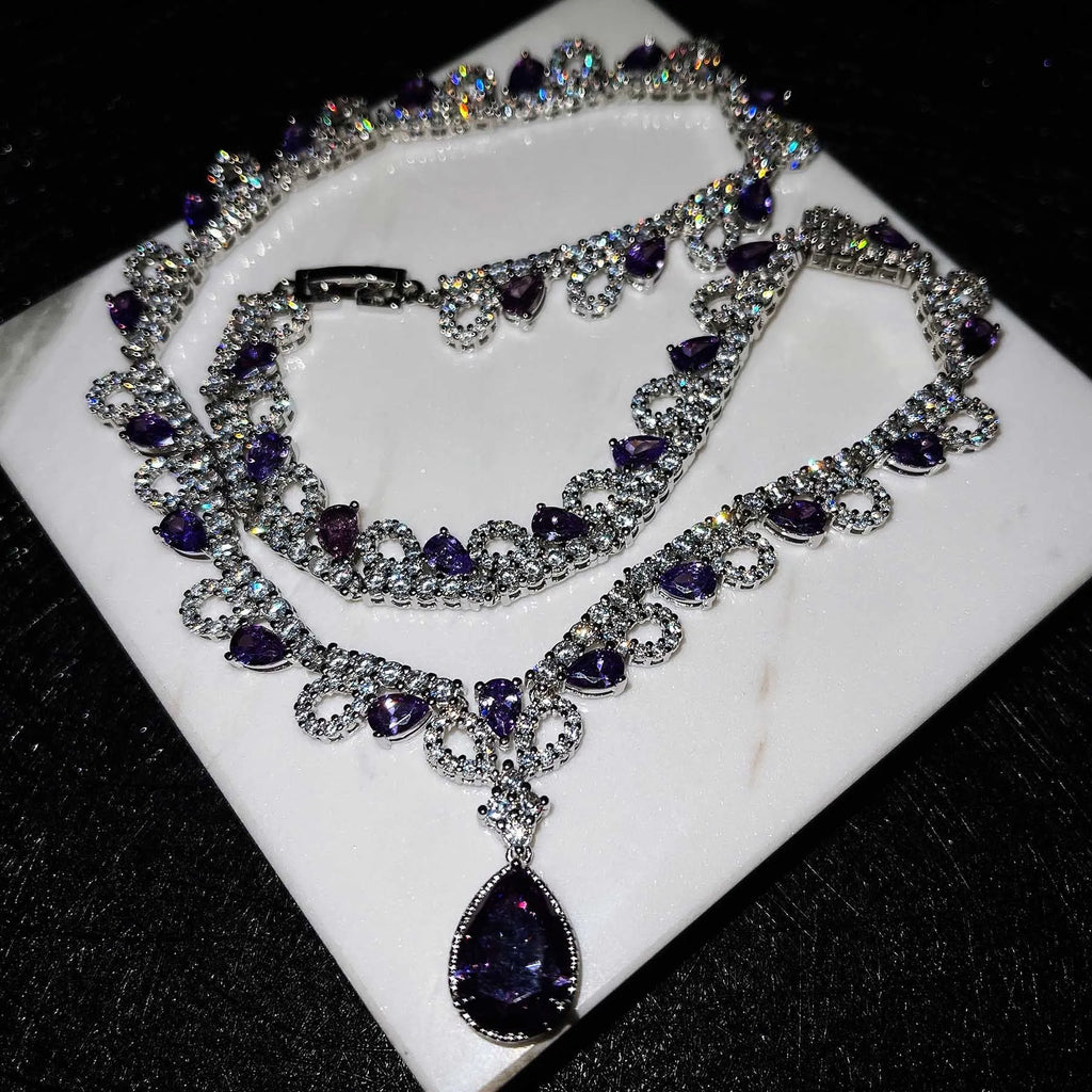 Vintage Silver Amethyst Long Necklace Pendant Chain Choker