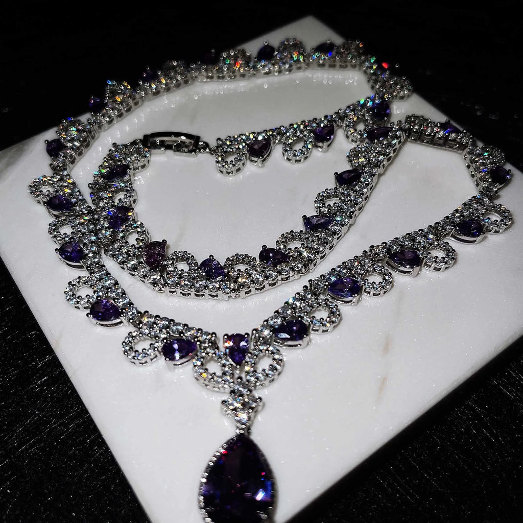 Vintage Silver Amethyst Long Necklace Pendant Chain Choker