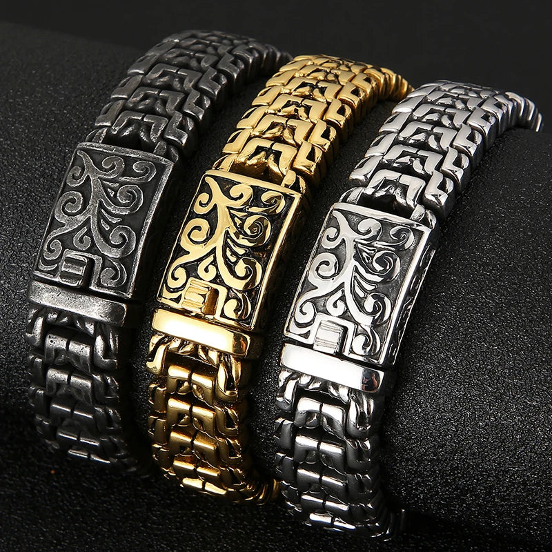 Vintage Men Bracelet 16MM Wide Stainless Steel Hand Chain Retro Jewelry