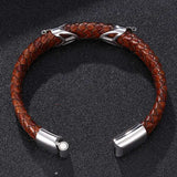 Vintage Men Bracelet Brown Leather Rope Stainless Steel Clasp Wristband