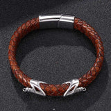 Vintage Men Bracelet Brown Leather Rope Stainless Steel Clasp Wristband