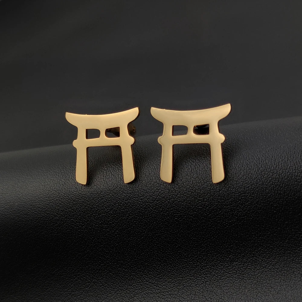 Vintage Men Cufflinks Geometric Japanese Shrine Torii Twins Stainless Steel