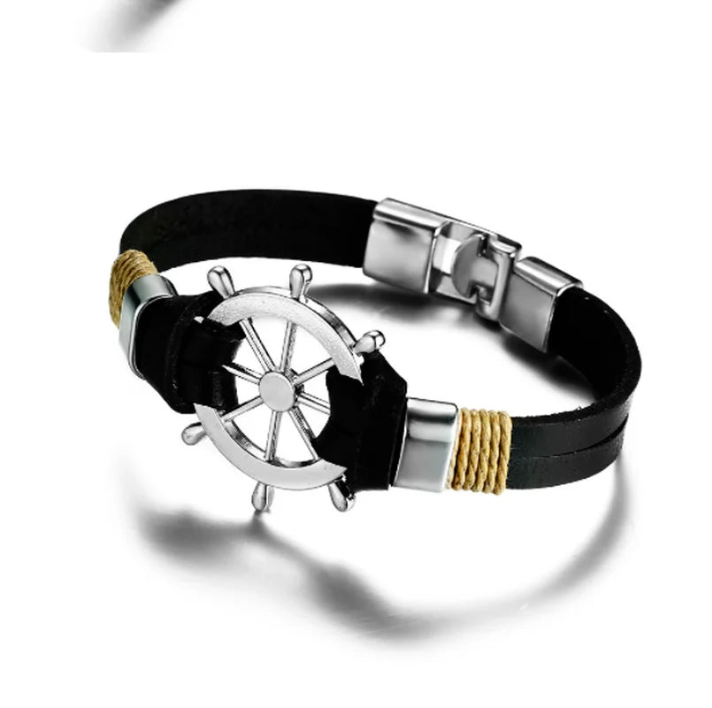Vintage Men Sailor Rudder Leather Bracelet Nautical Bangle Crew Jewelry
