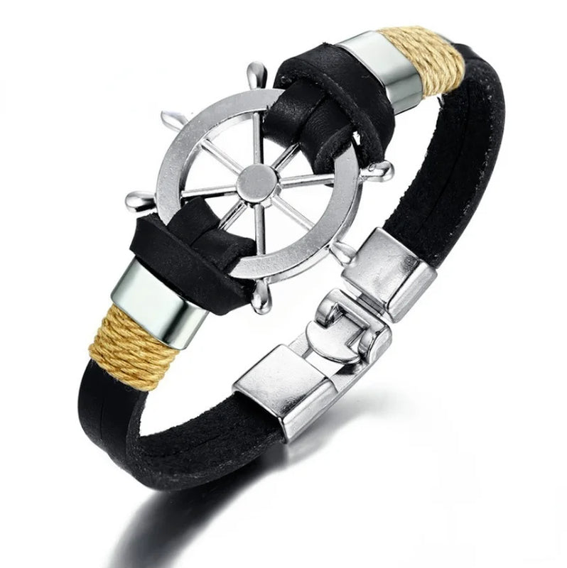 Vintage Men Sailor Rudder Leather Bracelet Nautical Bangle Crew Jewelry