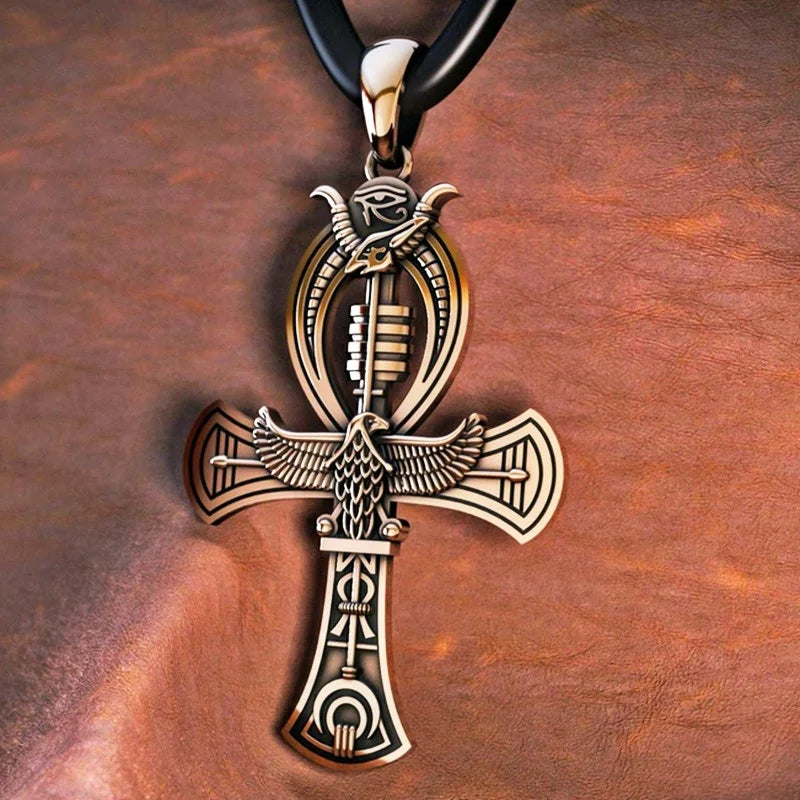 Vintage Egyptian Cross Pharaoh's Ankh Pendant Necklace Eye Horus Jewelry