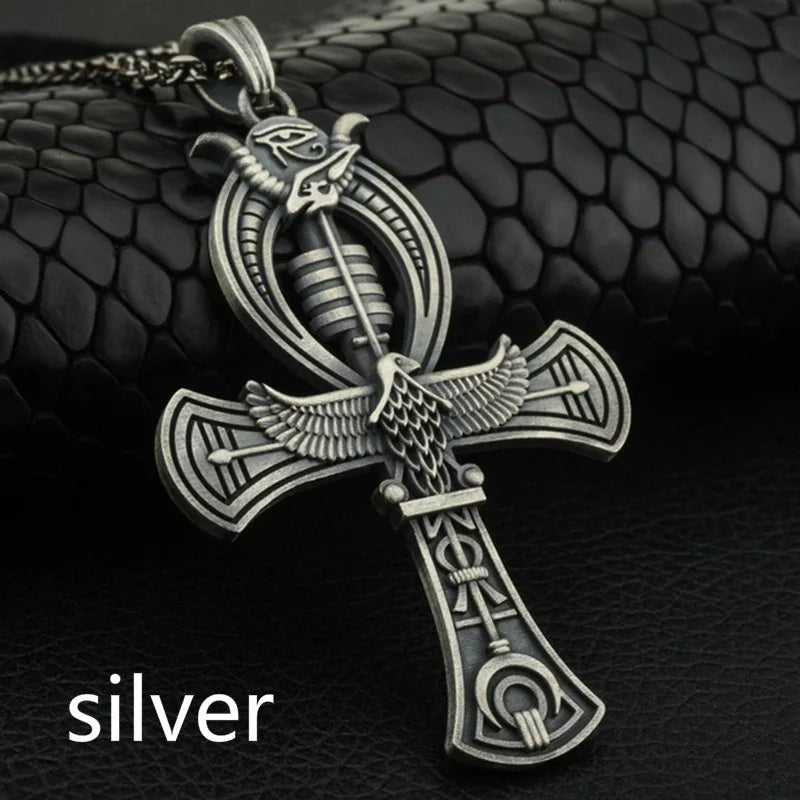 Vintage Egyptian Cross Pharaoh's Ankh Pendant Necklace Eye Horus Jewelry