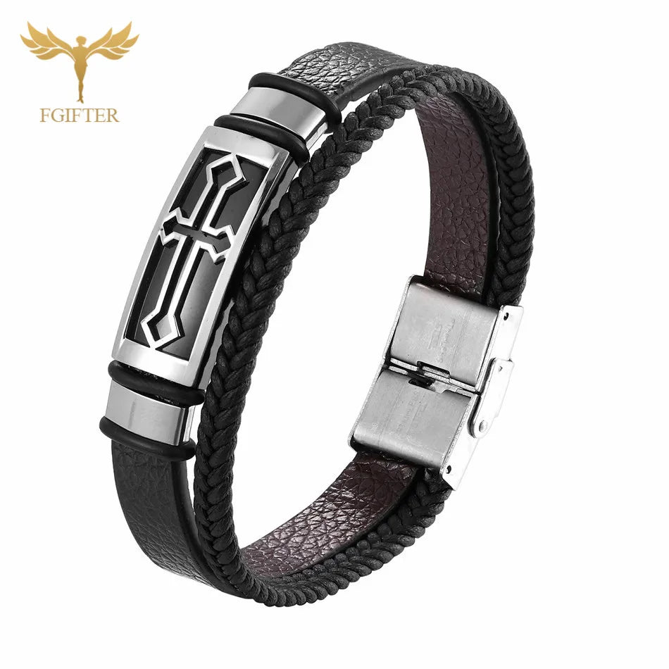 Vintage Men's Cross Leather Bangle Braided Rope Stainless Steel Accessories